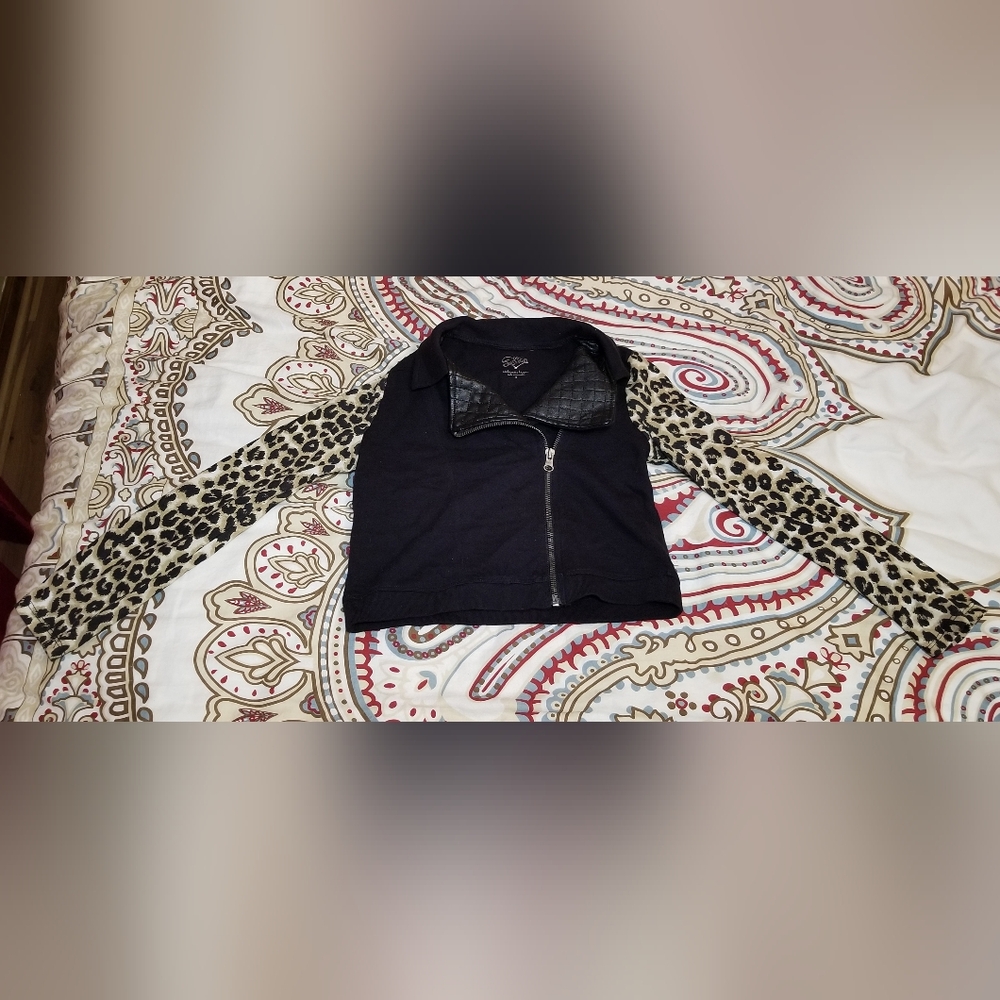 Justice Girl's Jacket 8 M Black Faux Leather Leopard Print Biker **CLEARANCE**